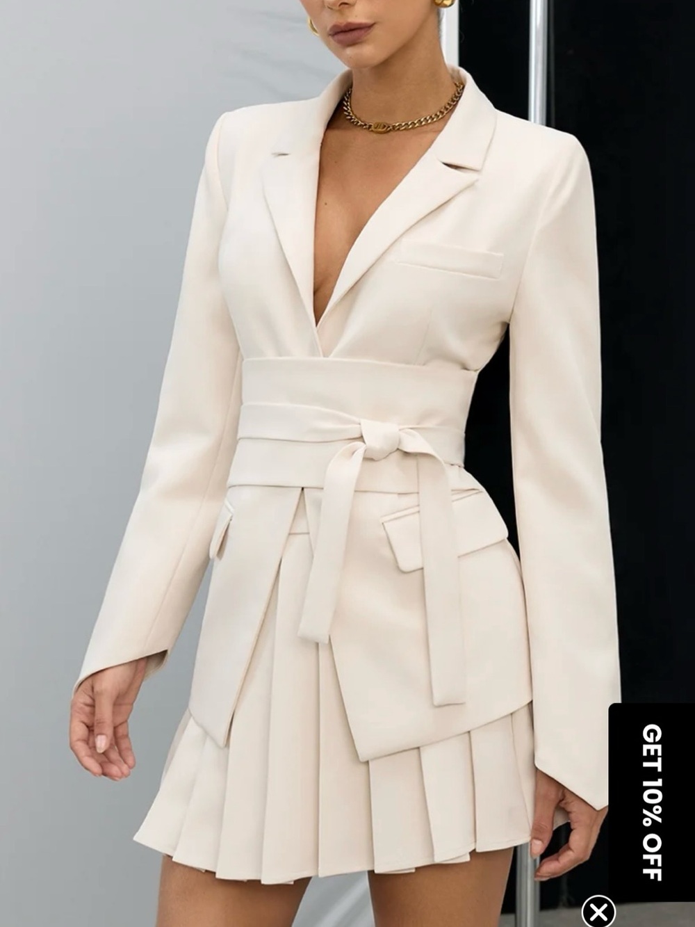 Commense Cream Belted Blazer Mini Skirt Set